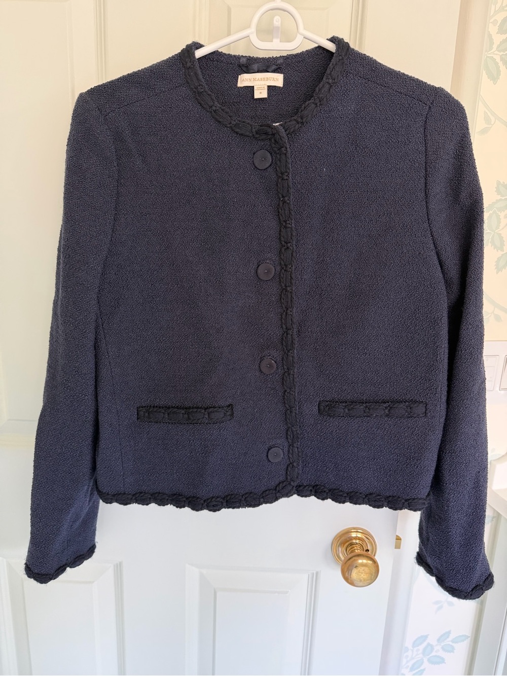 ANN MASHBURN Navy Bouclé Cropped Blazer with Braided Trim